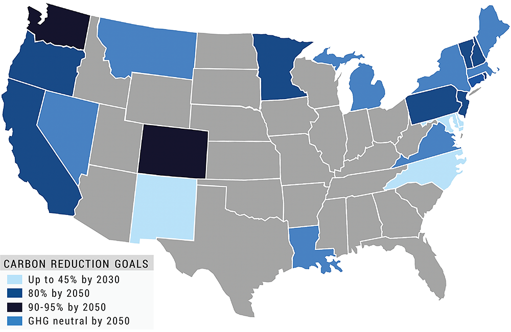United States Map Detailing Carbon Reduction Goals by 2050
