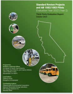 Report cover featuring outline of California and small images of electric charging infrastructure and fleet vehicles.