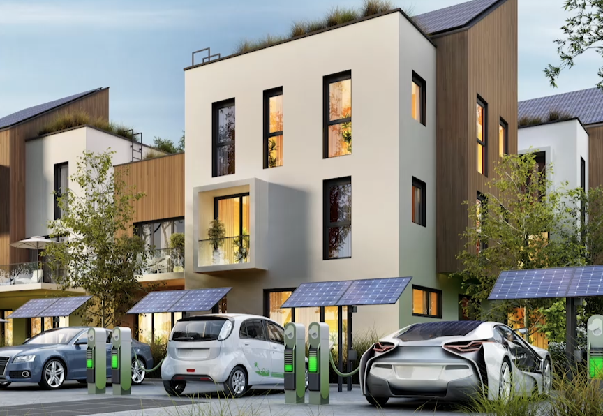 electric vehicles parked in front of house with solar panels