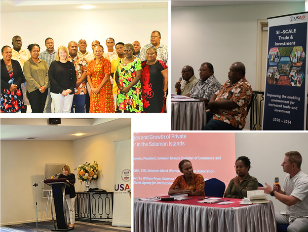 Collage of four images showing US government and Solomon Island government and private sector officials working together.