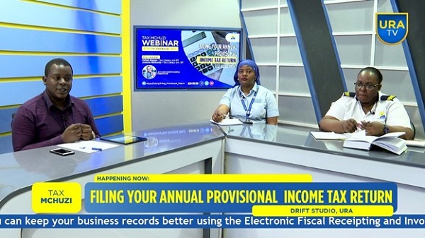 Three people sitting around a table hosting a Uganda Revenue Authority webinar broadcast with caption, filing your annual provisional income tax return.