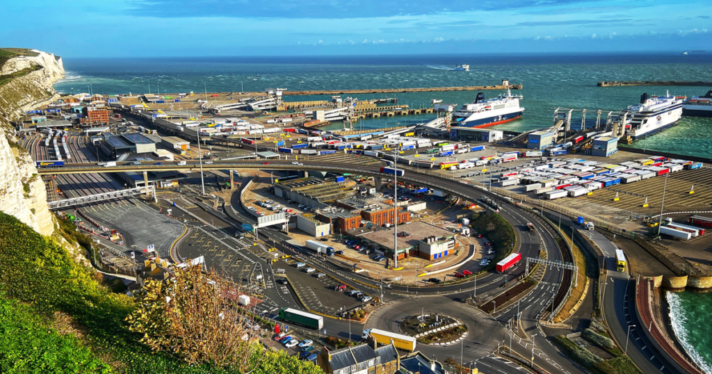 Trucks waiting for ferry in Dover port