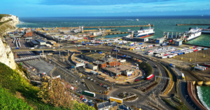 Trucks waiting for ferry in Dover port