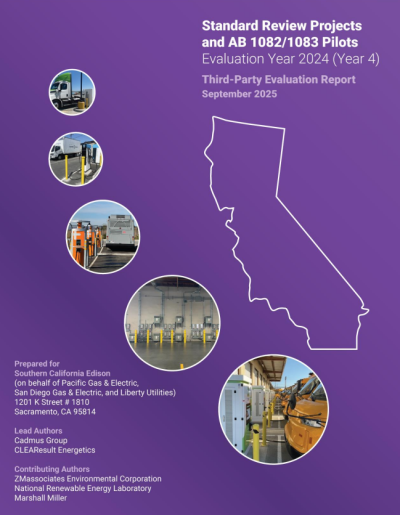 Cover of Standard Review Projects Evaluation Year 2024. Graphic outline of California with small images of medium and heavy duty vehicles charging.